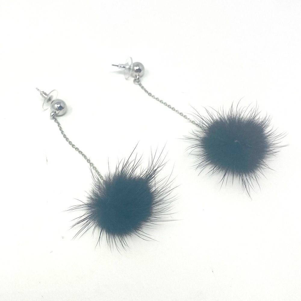 New Free People Black Pom Pom Dangle Earrings Silver
